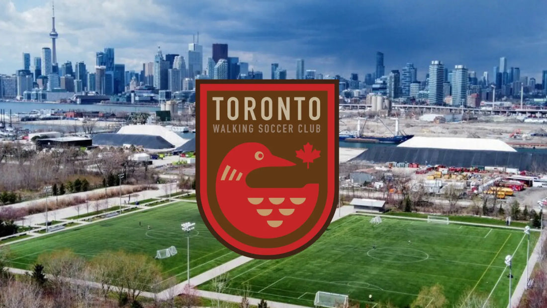A drome image of Cherry Beach Sports Fields with the Toronto skyline in the background. There is a Toronto Walking Soccer Club badge over the top of the image.