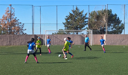 Women playing a walking soccer match on clear beautiful day.