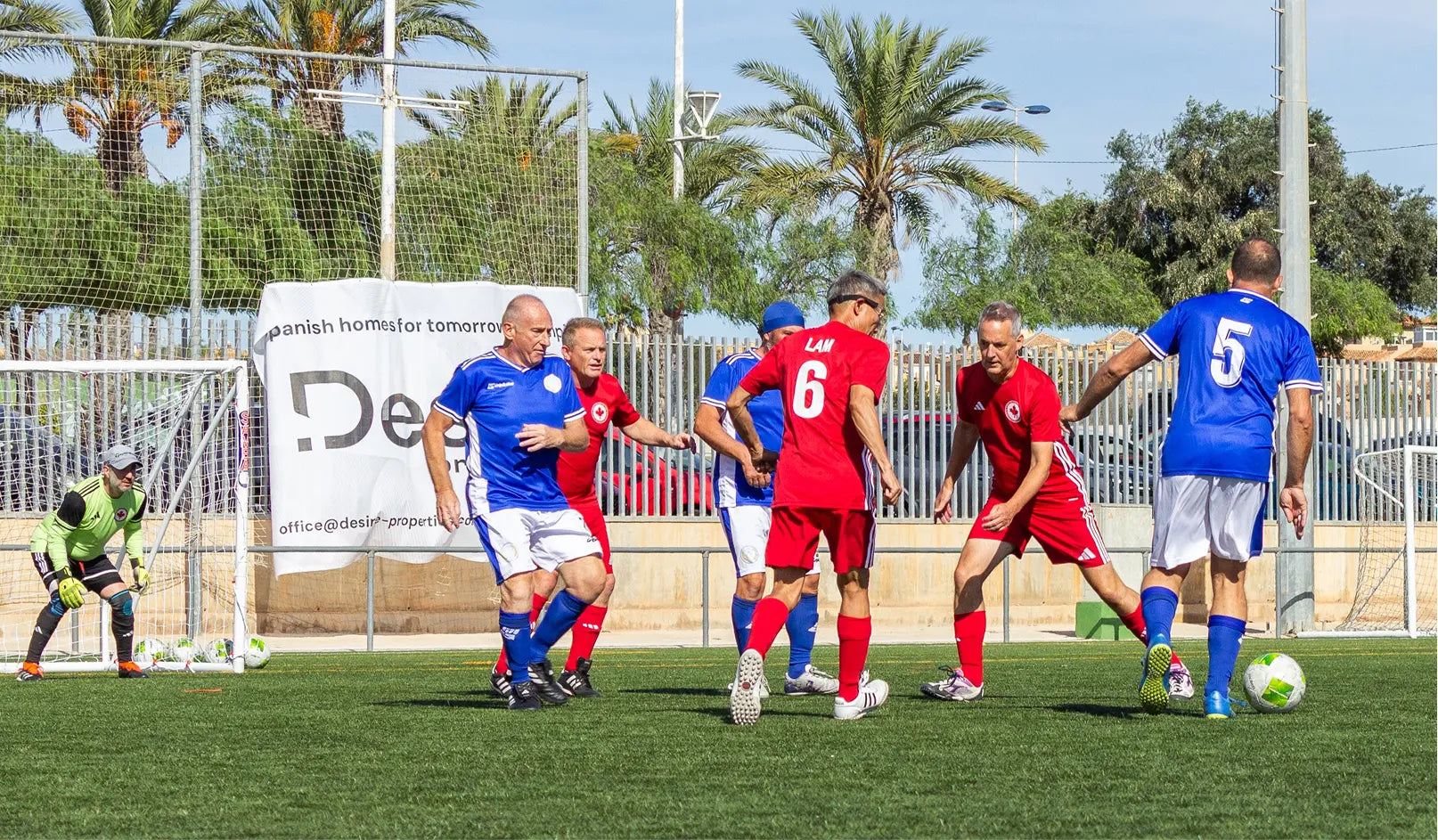 Soccer match on a field with palm trees in the background