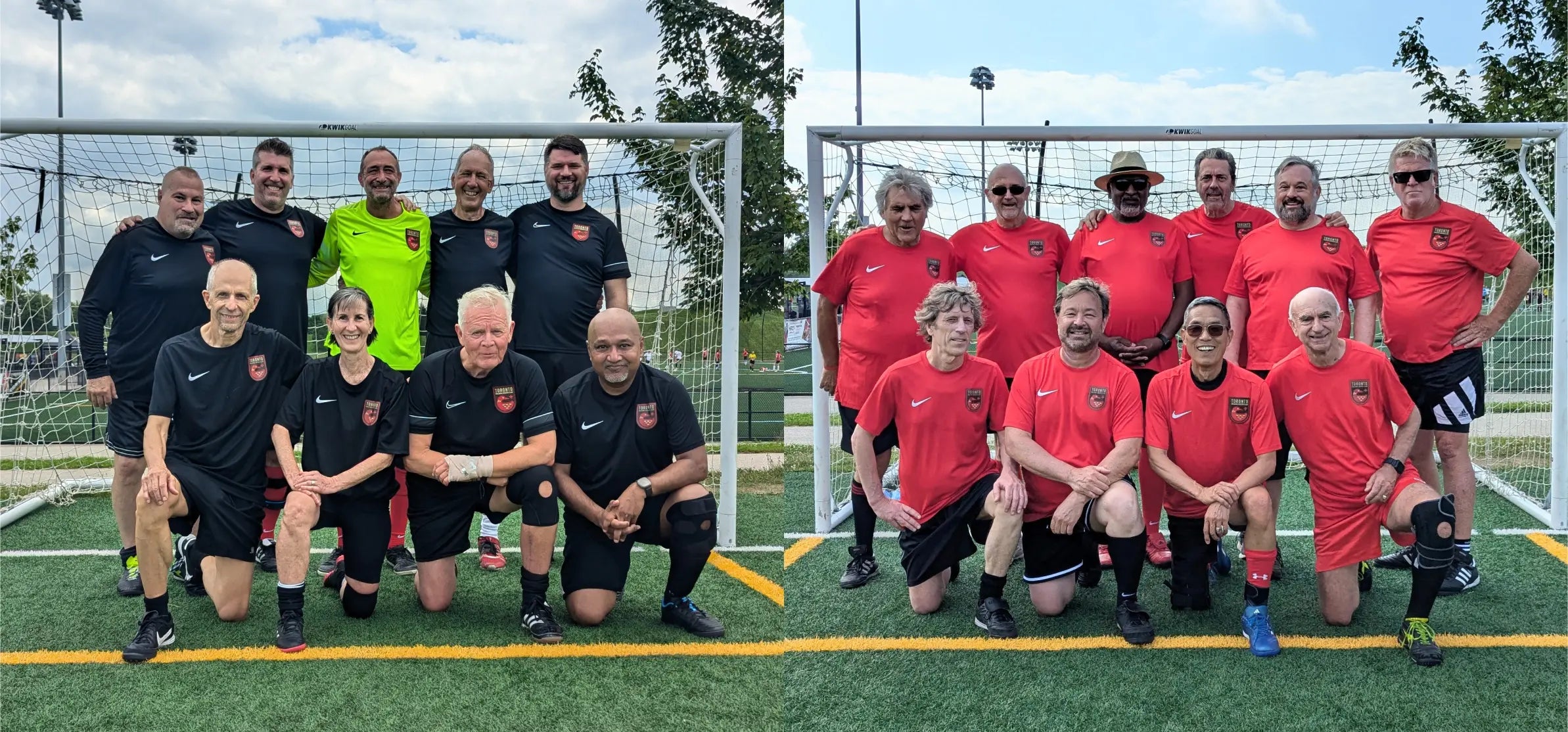 Toronto walking soccer older adult team lineups, made up of mixed ages, sexes and ethnicities.