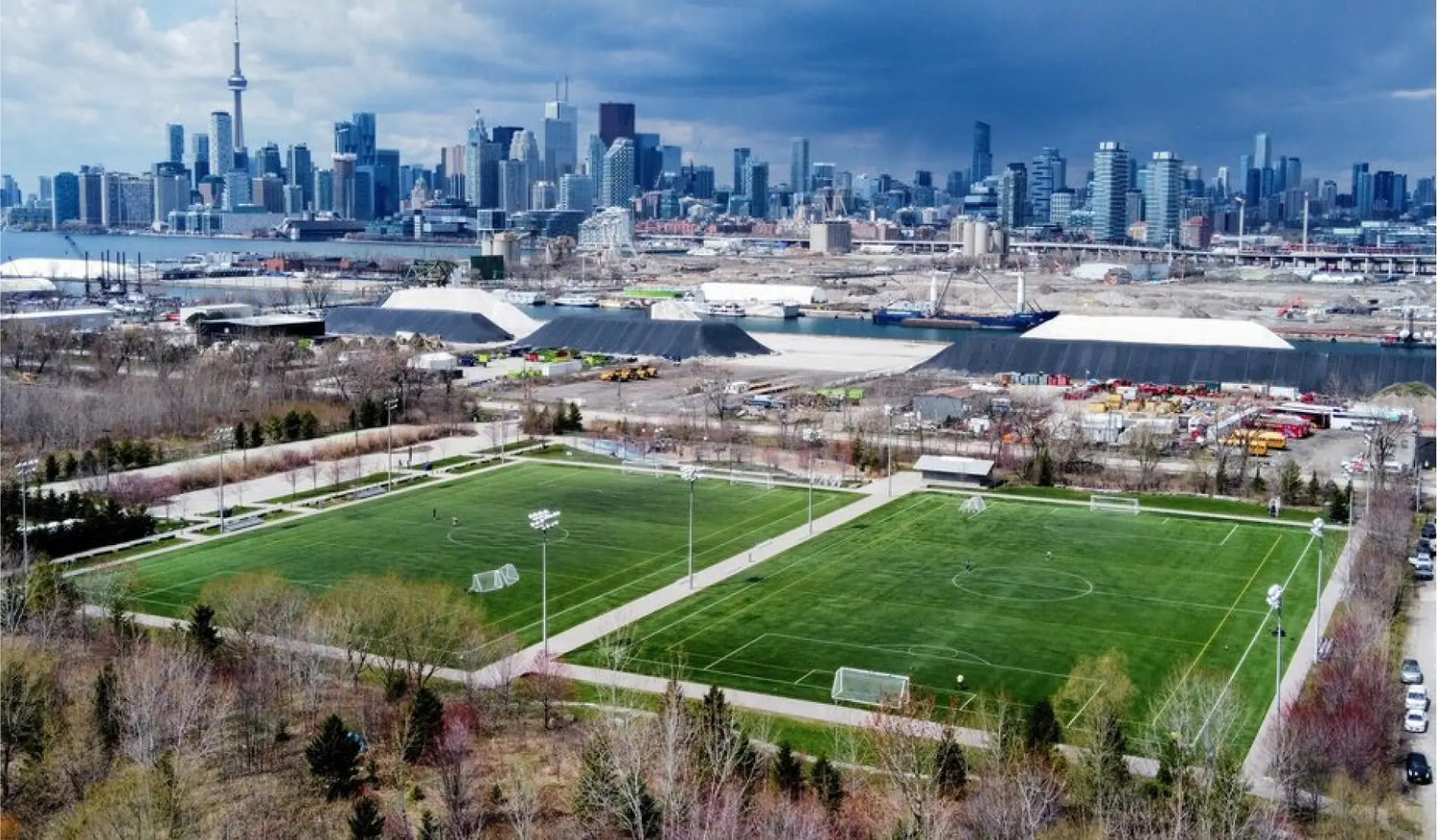 Drone photo of Cherry Beach soccer fields, with Downtown Toronto in the background.