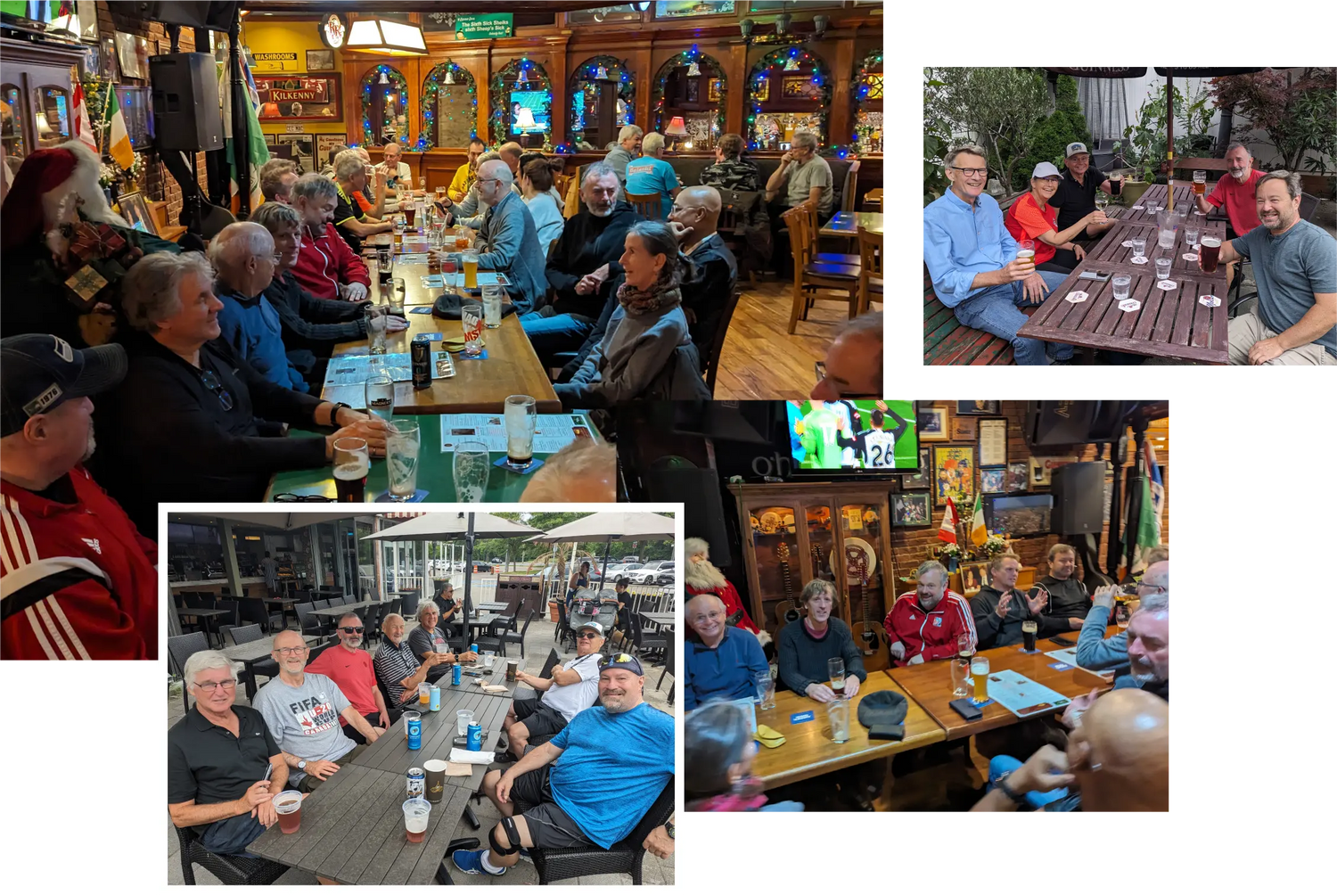 Multiple photos of Toronto Walking Soccer Club players enjoying socializing at pubs and cafes