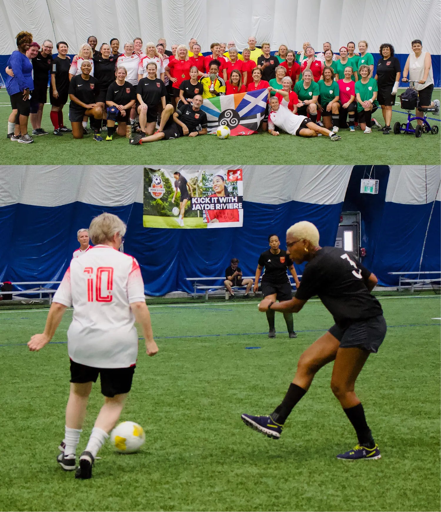 Group photo of women on a sports field holding a flag, followed by two women playing soccer in a sports dome.