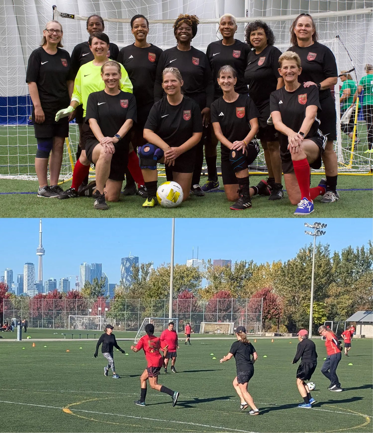 Top half shows a group of women soccer players posing for a photo on a soccer field, bottom half shows a practice session with players on a field in Toronto with the CN Tower and city skyline in the background.